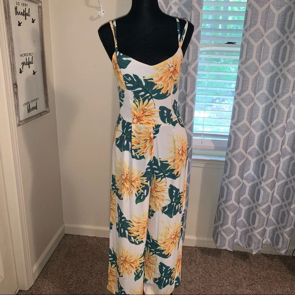 Zara Printed Floral Tropical Leaf  Wide Leg Jumpsuit - Picture 1 of 14